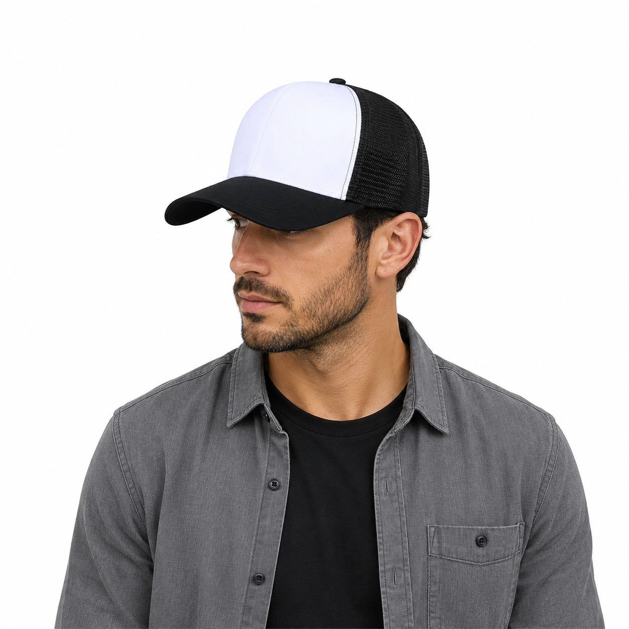 Black-and-White Mesh Trucker Cap with Adjustable Snapback