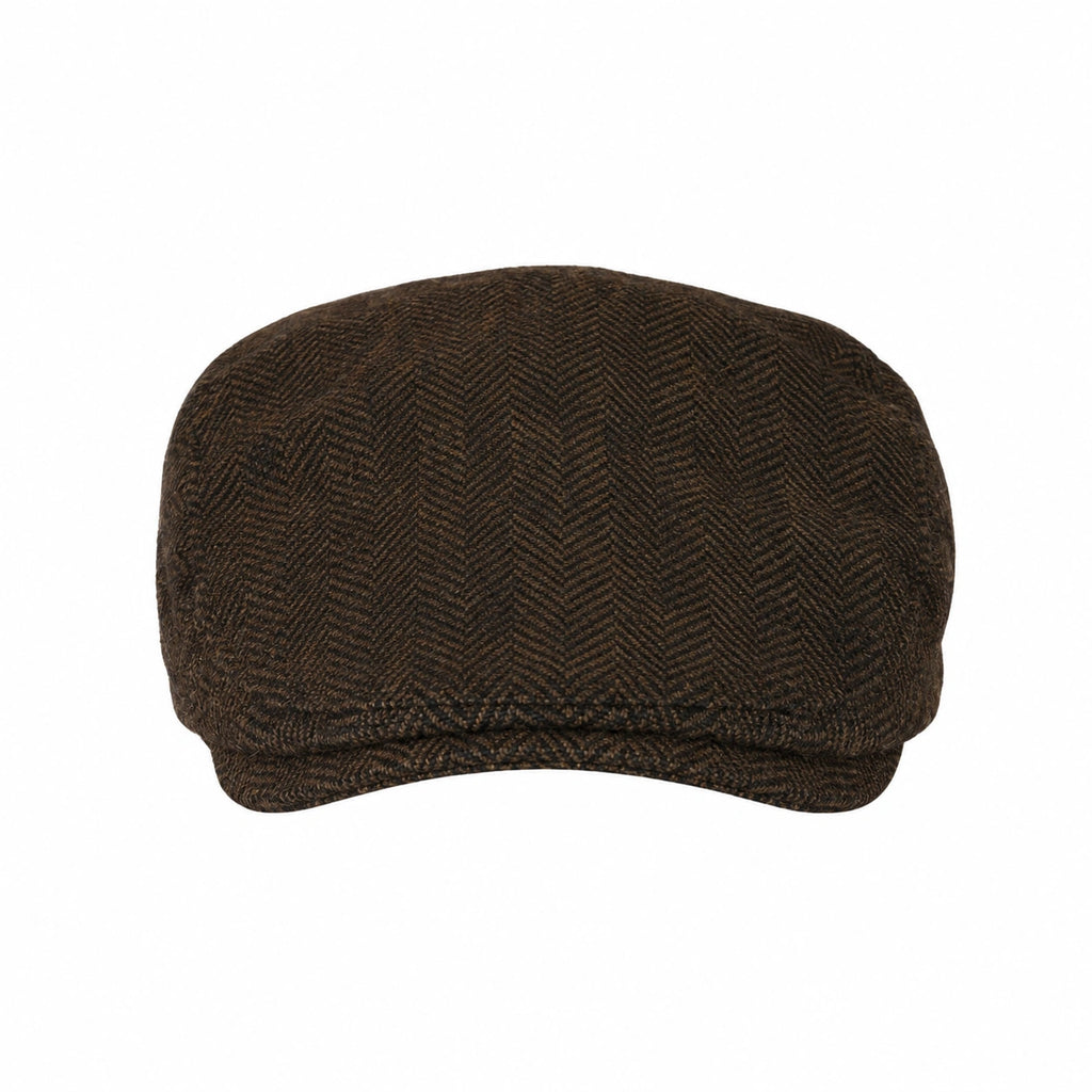 Brown Herringbone Flat Cap with Adjustable Back